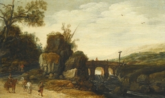 A Rocky Landscape with a Bridge over a River, Figures on a Path and on Horseback in the Foreground by Esaias van de Velde