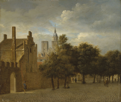 A townscape with figures promenading, a church beyond by Jan van der Heyden