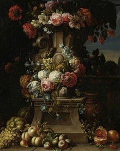 A vase of flowers with fruit in a landscape by Gaspar Peeter Verbruggen the Younger