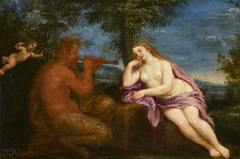 A Woman Listening to a Satyr Piping by style of Francesco Albani