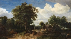 A Woody Lane, with a Thatched Cottage and a Pool by Meindert Hobbema