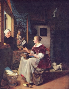 A young lacemaker is interrupted by a birdseller who offers her ware through the window by Pieter Cornelisz van Slingelandt