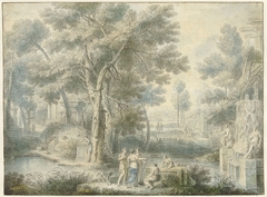 Arcadisch landschap, met rechts een fontein by Louis Fabritius Dubourg