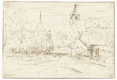 Boerderijen tussen bomen en twee kerktorens by Unknown Artist