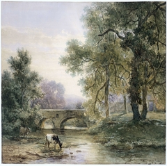 Boomrijk landschap met stenen brug over een rivier by Willem Roelofs I