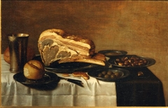 Breakfast with roast meat, bread, olives and chestnuts by Floris van Schooten