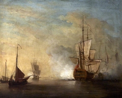 British Warship firing Salvoes in a Calm with Other Boats by Charles Brooking