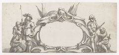 Cartouche geflankeerd door vijf soldaten by Pieter Jansz