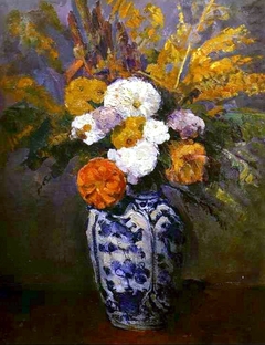 Dahlias in a Delft vase by Paul Cézanne