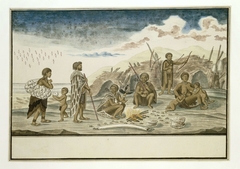 De Strandlopers en hun schuilhutten op het strand by Unknown Artist