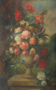 Floral Still Life in an Urn on a Plinth in a Garden by David Paton