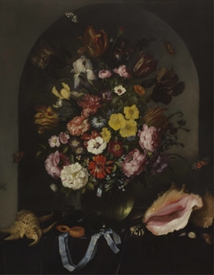 Flowers in a vase, shells and a watch by Pieter van de Venne