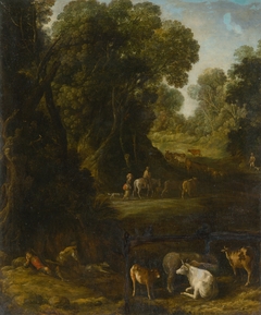 Forest Interior with Travellers and Cattle Herdsmen by Nemecký maliar okolo roku 1700