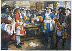 Frontenac receiving the envoy of Sir William Phipps demanding the surrender of Quebec, 1690. by Charles William Jefferys