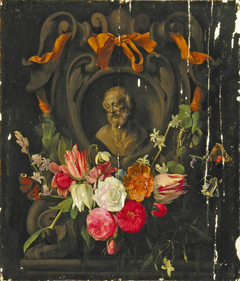 Garland of Flowers around the the Bust an Old Man in a Cartouche by Jan van den Hoecke