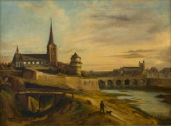 Gezicht op de St.Maartenskerk, kruittoren en de Maasbrug vanaf de noordzijde by Alexander Schaepkens