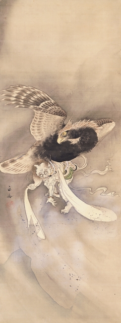 God of Wind caught by a hawk [left of the pair Gods of Wind and Thunder] by Satake Eikai