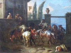 Halte de cavaliers devant une hôtellerie by Pieter van Bloemen