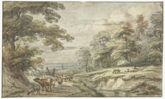 Heuvelachtig landschap met kudde schapen en koe by Lucas van Uden