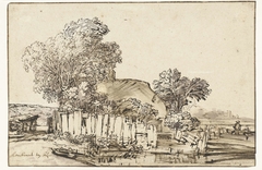 Huis met houten omheining tussen bomen by Rembrandt