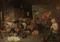 Inneres eines Bauernhauses mit einer am Spinnrocken eingeschlafenen alten Frau by David Ryckaert III