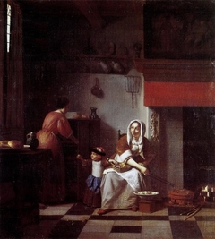 Interior of a kitchen with a woman, a child and a maid by Pieter de Hooch