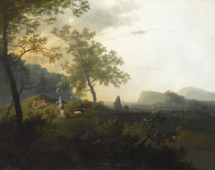 Italianate mountainous landscape with hunters resting by Adam Pynacker