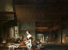 Kitchen interior with a maid preparing a sauce by Cornelis Bisschop