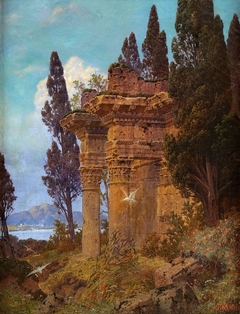 Lake Landscape with Ruined Temple by Ferdinand Knab