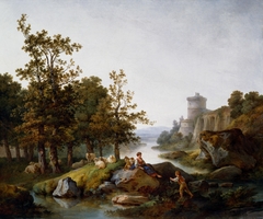 Landscape with a Shepherdess and a Boy Fishing by Jean-Baptiste Huet