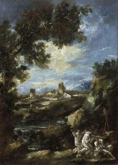 Landscape with Camaldolite monks praying at a road-side shrine by Alessandro Magnasco