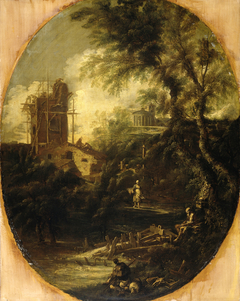 Landscape with Hermit, Pilgrim and Peasant Woman by Antonio Francesco Peruzzini