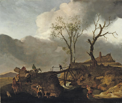 Landscape with stream and wooden bridge by Philips Wouwerman