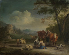 Landschaft mit Hirten und gotischer Burgruine by Pieter Bout