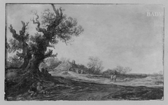 Landschaft mit zwei Eichelbäumen, Bauernhütten und Staffage by Jan van Goyen