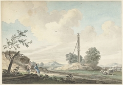 Landschap bij de duinen met een mijlpaal en twee wandelaars by Gerrit Toorenburgh