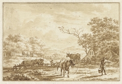 Landschap met vee en boer met emmer by Jacob Cats 1741-1799