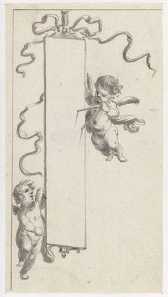 Langwerpige cartouche met twee putti by Pieter Jansz