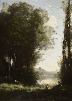 Les deux sœurs sous les arbres au bord du lac by Jean-Baptiste-Camille Corot