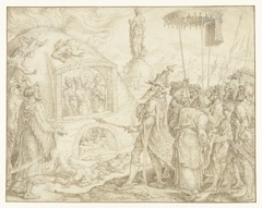 Nebukadnezar in verwondering over de aanwezigheid van vier jongelingen in de vurige oven by Maarten van Heemskerck