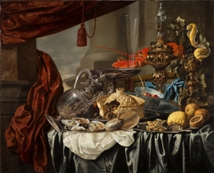 Opulent Still-Life with Silvergilt objects, Nautilus Shell, Porcelain, Pie, Fruit and Fish on a Draped Table by Carstian Luyckx