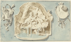 Ornament van fonteintje en twee trofeeën by Unknown Artist