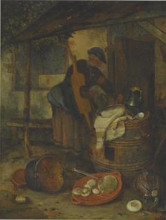 Outdoor still life of kitchen utensils with a woman by a doorway by Adriaen van Ostade