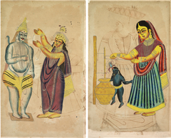 Parvati Placing a Wedding Garland on Shiva (recto); Yasoda Churning Butter (verso) by Anonymous