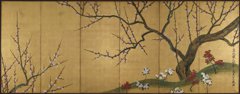 Plum Trees [right of a pair of Plum Trees and Hollyhocks] by Ogata Kenzan