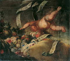 Putto mit Blumen, Früchten und Spruchband by Peter Strudel