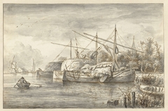 Rivierlandschap met enkele hooischepen by Unknown Artist