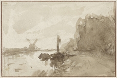 Rivierlandschap te Schiedam, met molen op de achtergrond by Willem Roelofs I