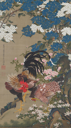 Rooster and Hen with Hydrangeas by Itō Jakuchū