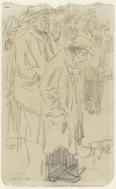 Schetsblad met personen en een hond op straat te Londen by Jan Toorop